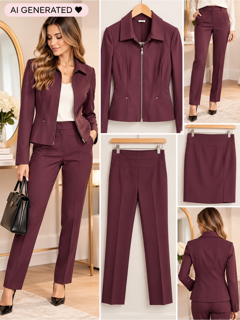 3 set Renuar Wine-Colored Tailored Jacket, Skirt & Pants Set